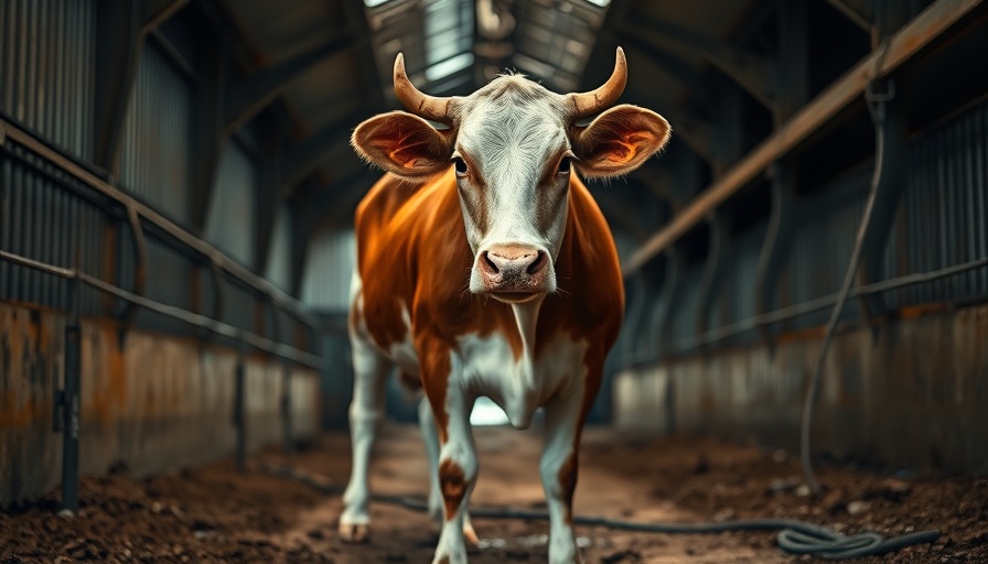 Cow in industrial barn questioning meat's climate impact, related to plant-based diet