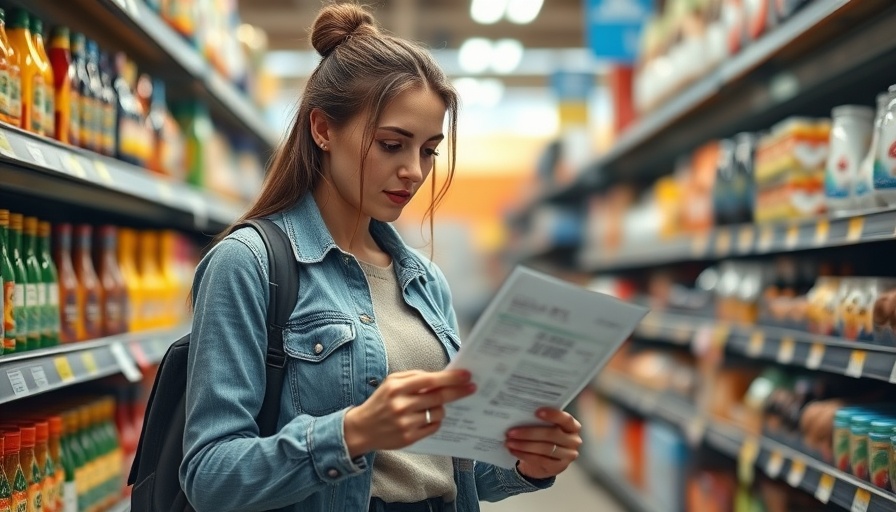 Woman reviews receipt in supermarket aisle as families face struggles.