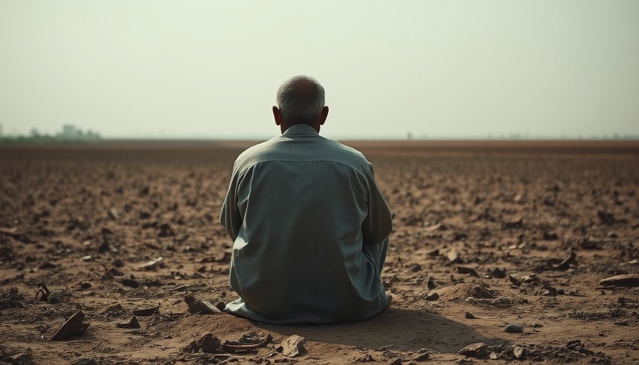 Somber Gazan farmer in barren field reflects on Gaza's agricultural destruction.