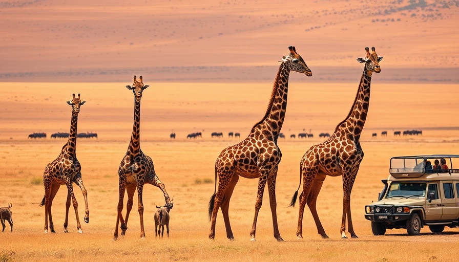 Giraffes on Masai Mara savannah near safari vehicle, best time to visit.