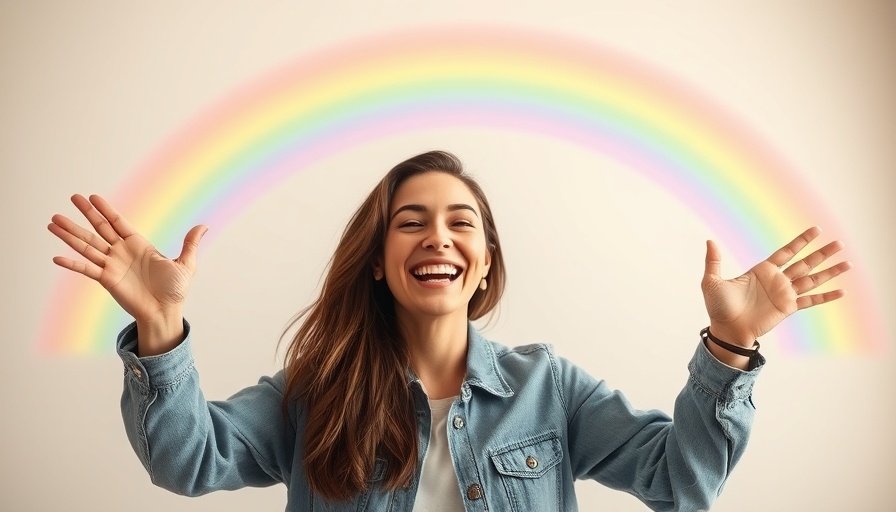 Cheerful woman demonstrating privacy with rainbow, symbolizing zero-knowledge proofs.