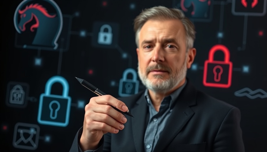 Man discusses evolution of malware with tech illustrations.