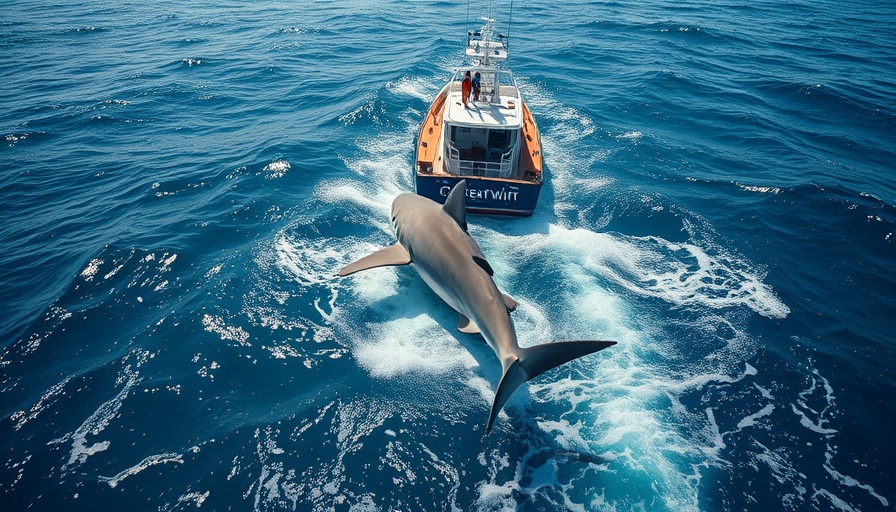 Massive Great White Shark near researchers in the ocean.