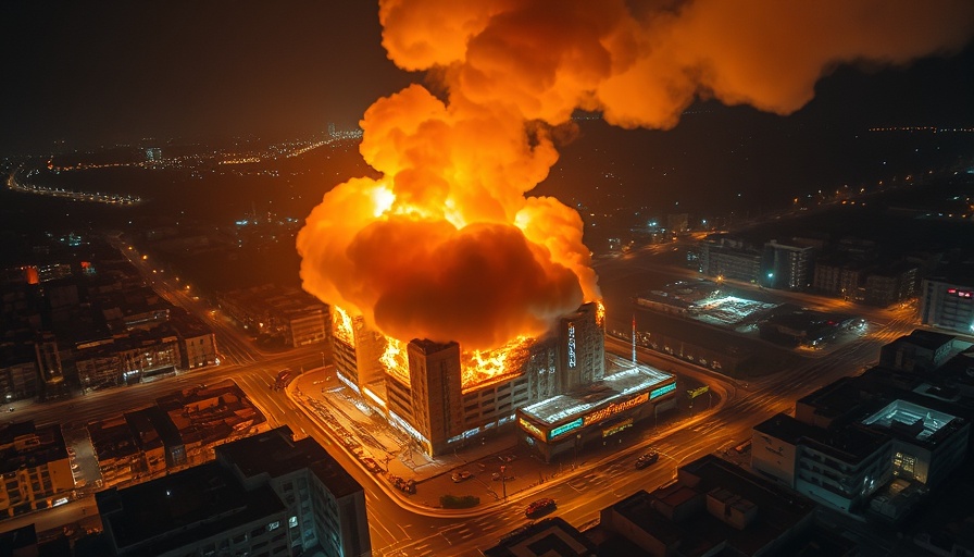 Hypermarket fire in Iraq's Kut, night scene of blaze and smoke.