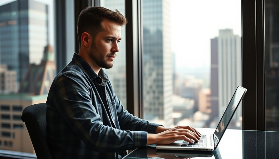 Man pondering 30s life paths with laptop in urban office setting.