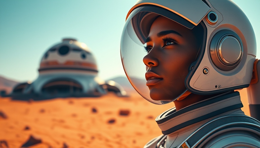 Futuristic astronaut woman on Mars with Martian city dome.