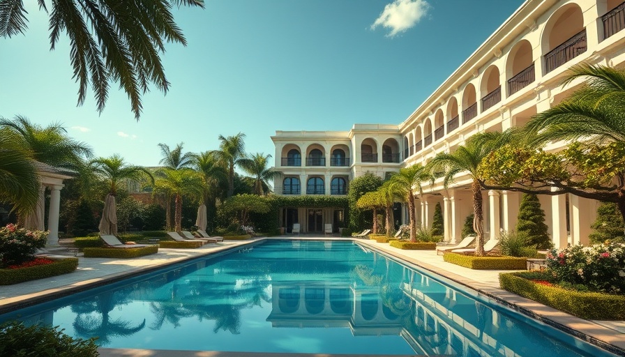 Luxury hotel pool in Florence for real estate investment, surrounded by greenery.