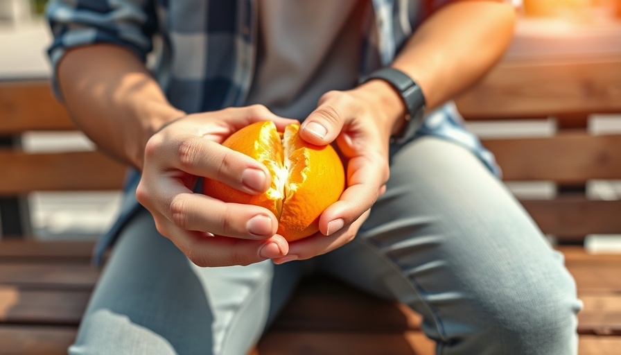 Casual scene with people, focus on peeling orange outdoors.