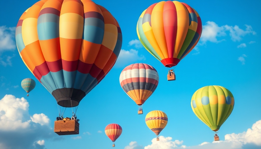 Whimsical hot air balloons in a blue sky, AI video creation for kids.