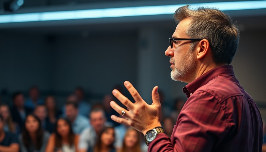 Speaker discussing AI photos in a presentation.