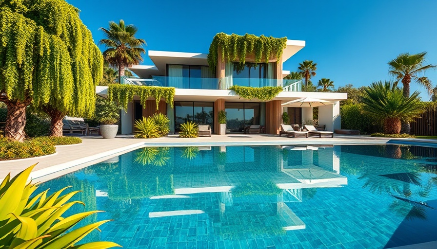 Luxurious modern villa with pool and greenery in real estate scene.