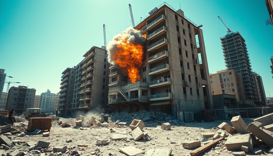 Gaza war humanitarian crisis highlighted by exploding city building.