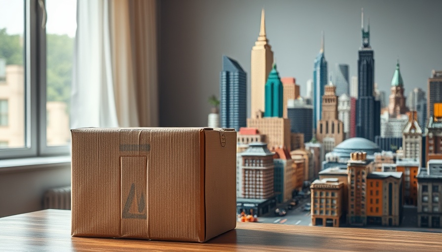 Cardboard box on table contrasted with intricate miniature cityscape