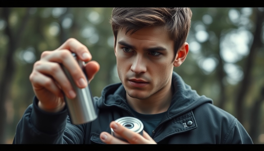 Young man with a canister in Germany, serious expression.