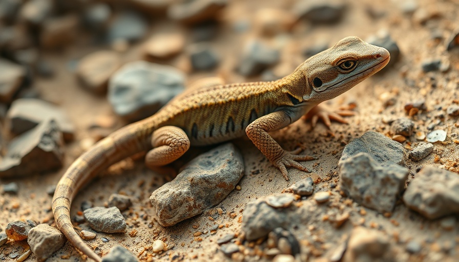 Gecko with regenerating tail on rocky surface, warm lighting.