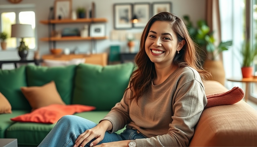 Cheerful woman relaxing in a vibrant modern living room.