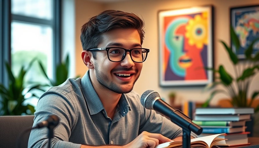 Young man discussing making money online with a microphone and books.