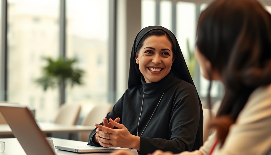 Sister Vassa speaks against Russia's war, smiling in religious attire at a desk.