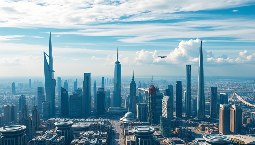 Futuristic city skyline in 2040, showcasing future technologies.