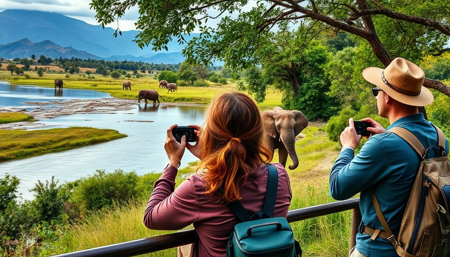 Family on budget safari in South Africa photographing elephants.