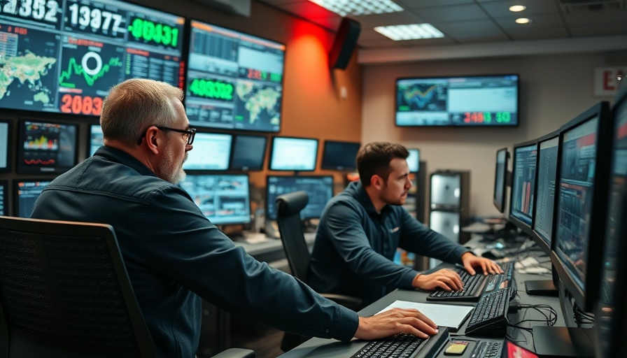 EU US trade deal analysis at a monitoring station, men reviewing data.
