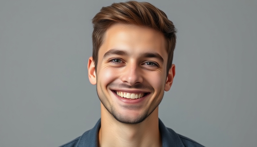 Smiling young man in blue suit on grey background.