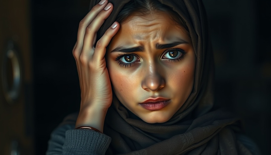 Refugee woman coping with trauma, distressed expression.