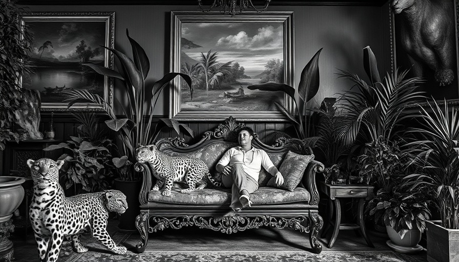 Maximalist home decor with taxidermy leopards and large paintings.