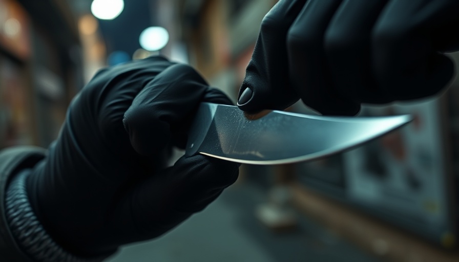 Gloved hands cleaning knife in urban setting, London's knife crime epidemic.