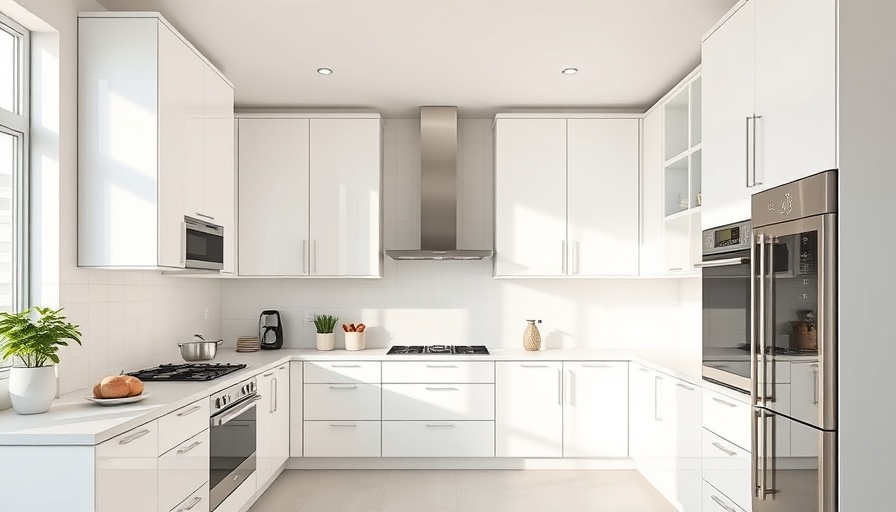 Modern kitchen interior with white cabinets and stainless appliances.
