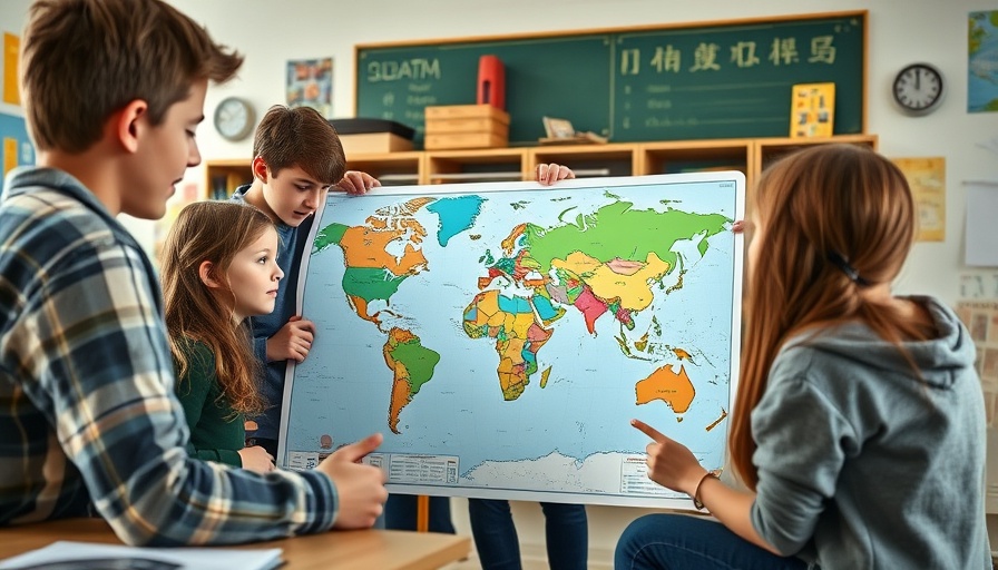 Students exploring a world map in a classroom, global learning theme.