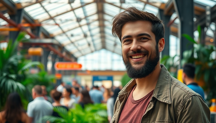 Casual bearded man in an indoor setting, surrounded by people.