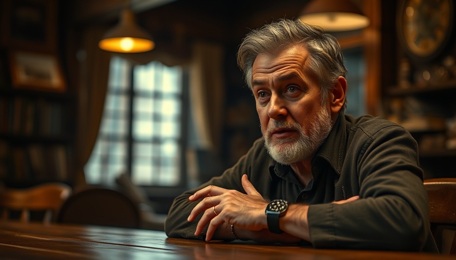 Thoughtful middle-aged man discussing animation software, indoor setting.
