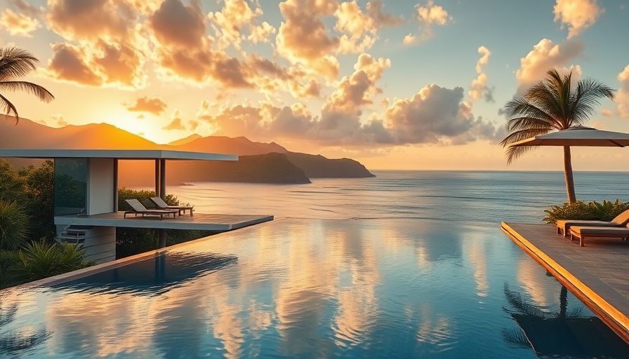 Luxurious Caribbean villa with pool and ocean view, nestled in greenery.