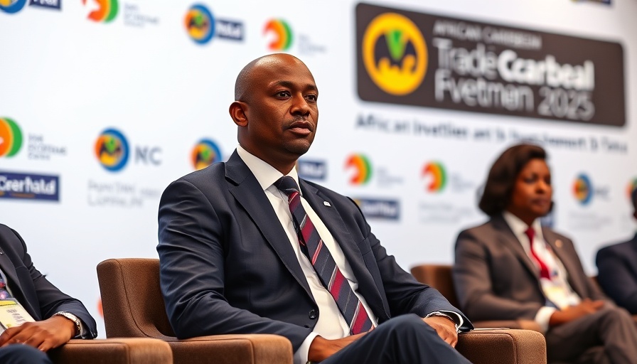 Man in suit speaking at Africa Trade forum with logos in background.