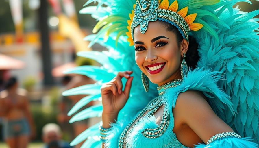 Smiling woman in vibrant feathered costume for Africa trade event.