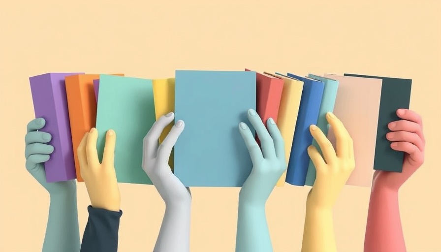 Abstract colorful hands holding books, representing book bans in education.