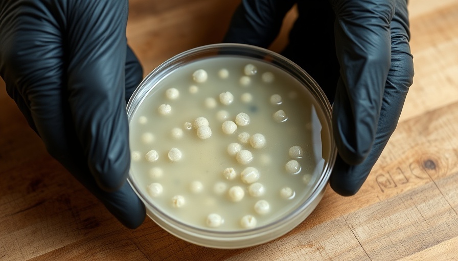 Gloved hands handling an agar plate on wood surface in lab setting.