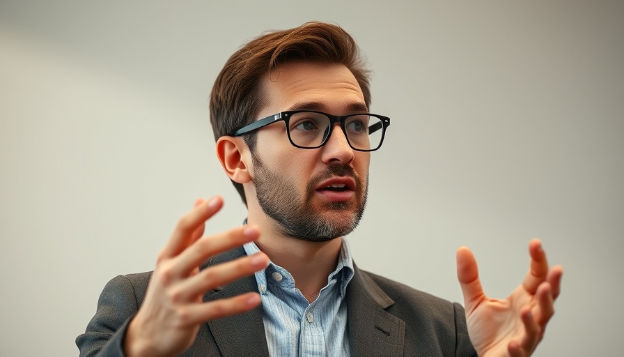 Confident man discussing productivity, soft lighting, indoors.