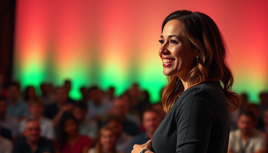 Speaker on AI comedy at TED talk stage, vibrant background.