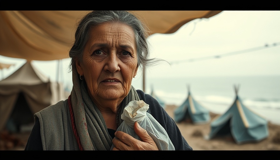 Palestinian mother searches for food near the sea with tents in the background.