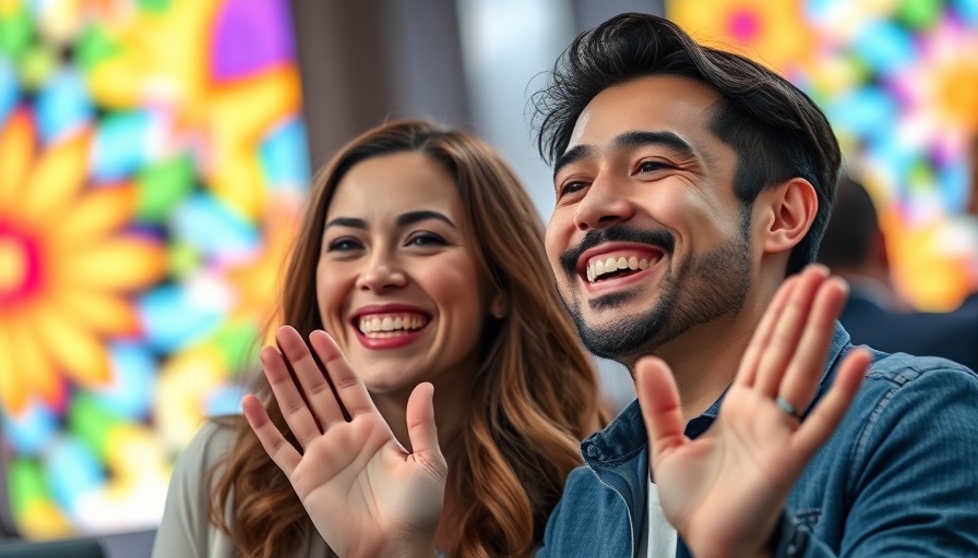 Smiling couple waving at event, colorful background.