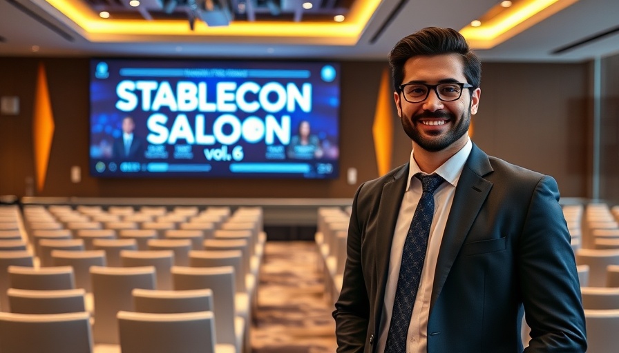 DollarCoin stablecoin event with attendee and digital display.