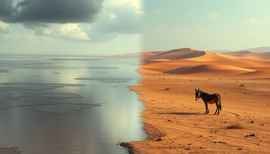 Contrasting flood and drought scenes depict global water crisis.