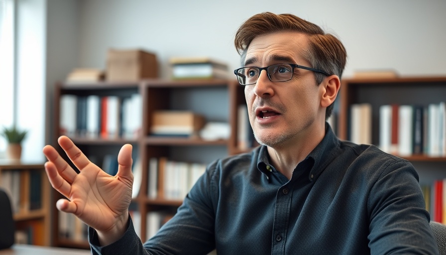Confident male speaker in office discussing models.