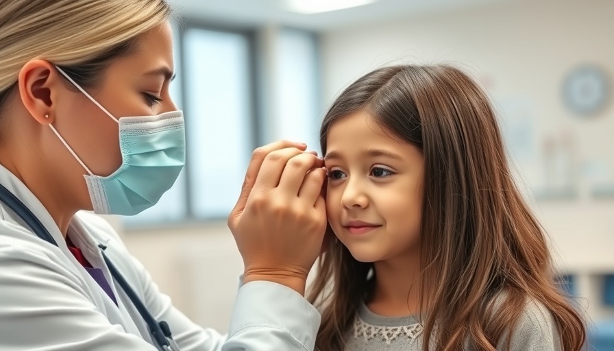 Healthcare worker checking girl's ear in school clinic.