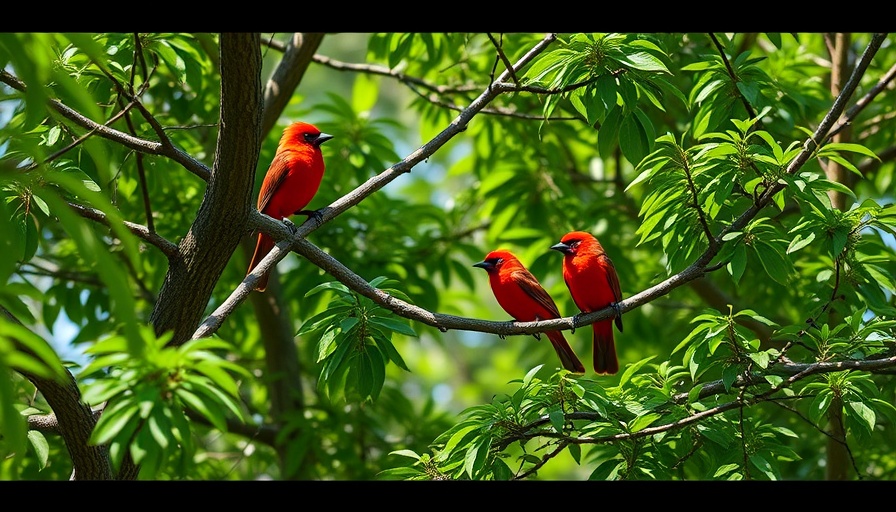 Vivid red honeycreepers in forest. Can AI help to save endangered birds?