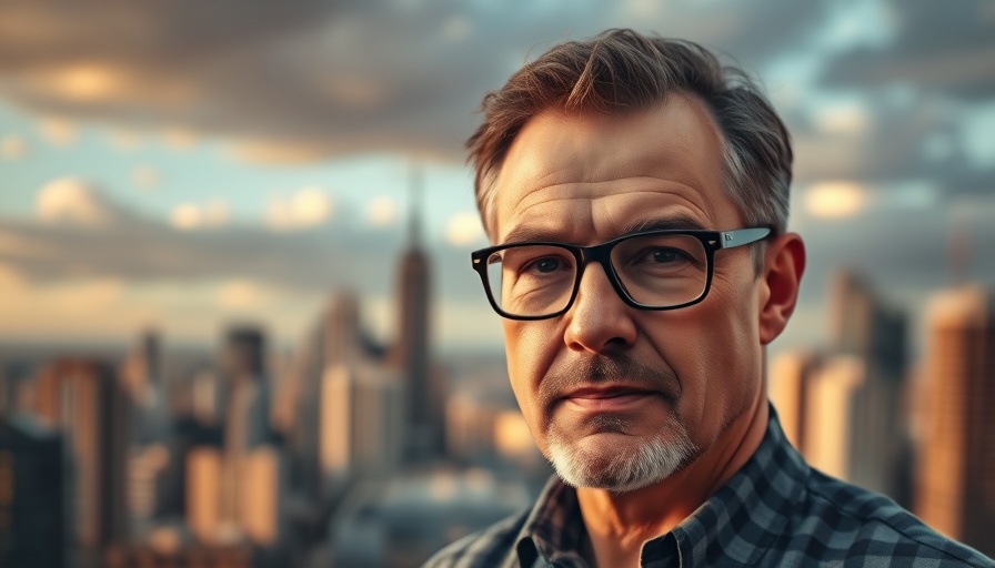 Kale Logistics AI leadership: Man with glasses against cityscape