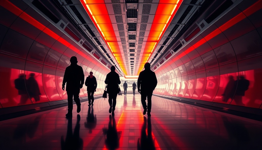 Insightful depiction of modern stress in a futuristic tunnel.