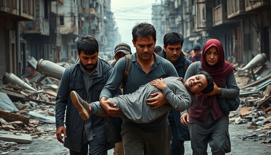 Gaza humanitarian crisis depicted with distressed group carrying an injured person.